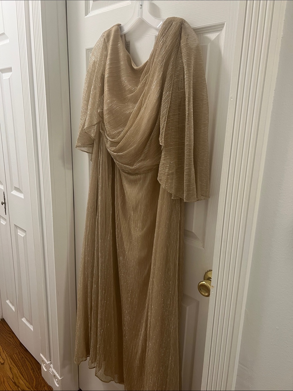 Oleg Cassini Shimmery Gold Maxi Dress with Draped Bodice